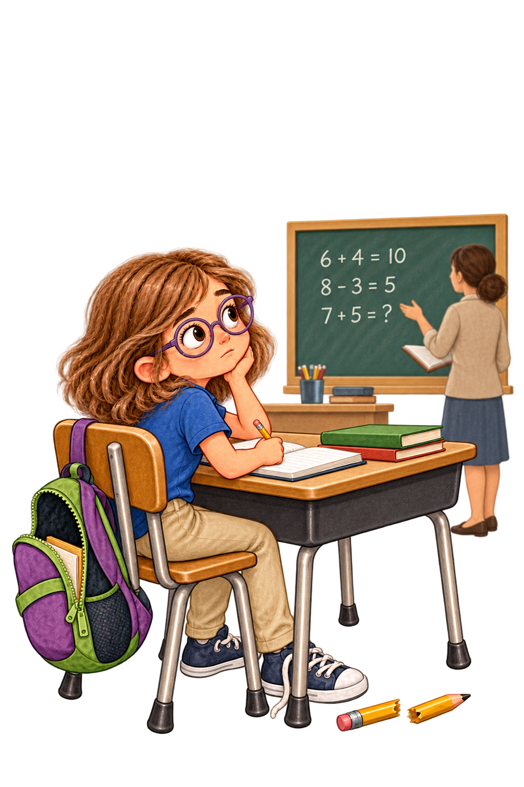 The same distracted schoolgirl seated at a desk facing her teacher and a chalkboard with math problems, with an open backpack, untied sneaker and broken pencil