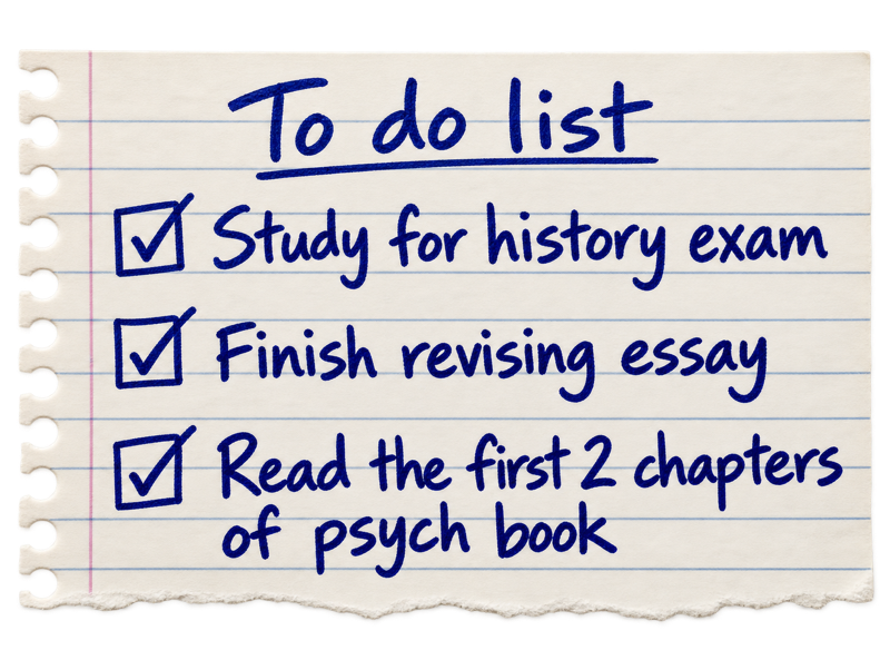 Handwritten notebook-paper to-do list with all three tasks checked: Study for history exam; Finish revising essay; Read the first 2 chapters of psych book