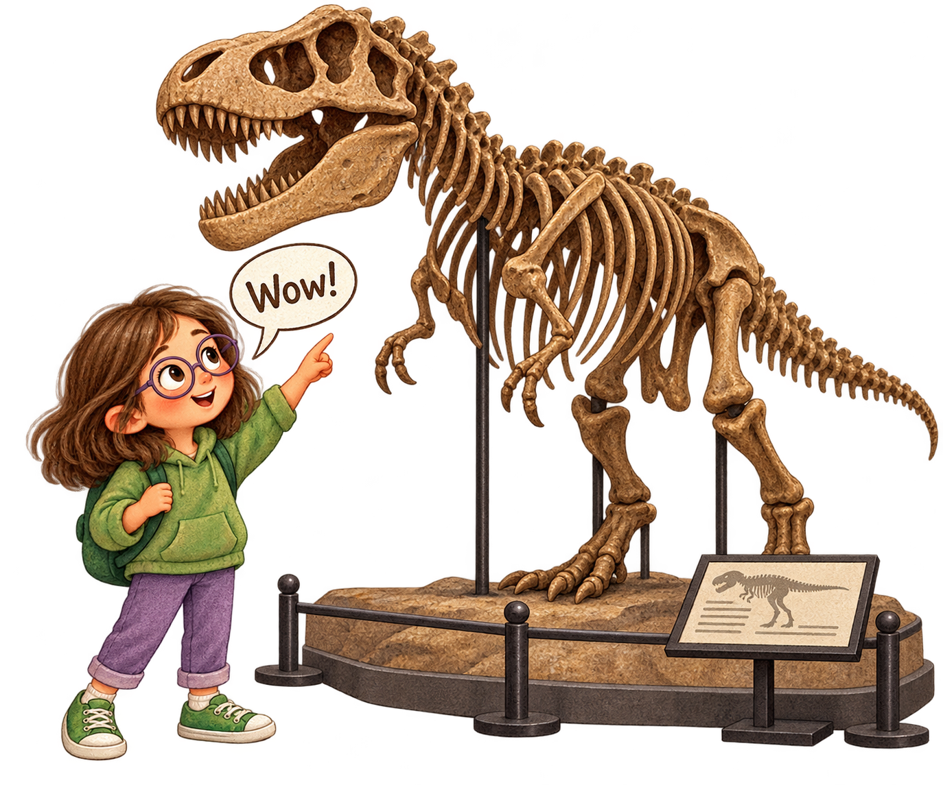 The same little girl smiling with wonder at a dinosaur museum, pointing up at a mounted dinosaur skeleton and saying Wow!