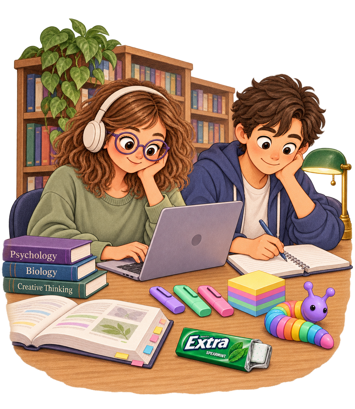 The grown-up girl with headphones works on her laptop beside a study partner writing in his notebook in a college library, with textbooks and study tools on their desk