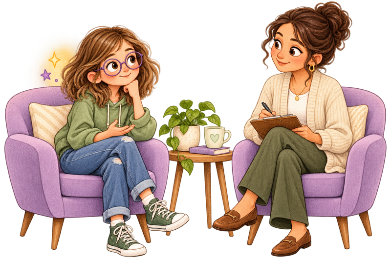The same girl as a teenager in a supportive therapy session, starting to regain her spark