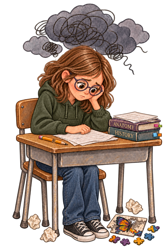 An overwhelmed high-school girl at her desk with a broken pencil, Anatomy and History books, clouds, a butterfly puzzle and crumpled papers