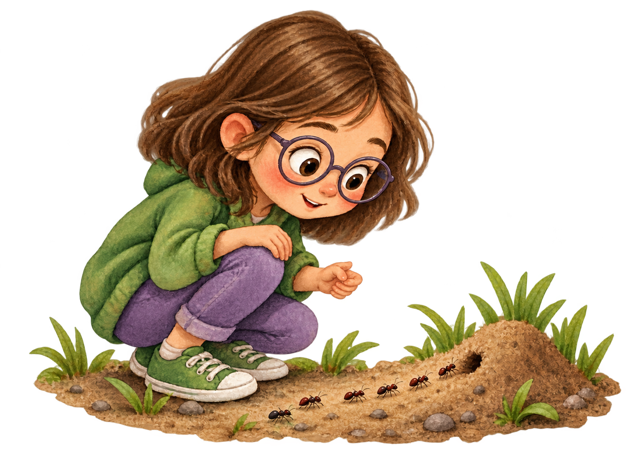 A brown-haired girl with glasses gently sweeping a magnifying glass over ants at an anthill