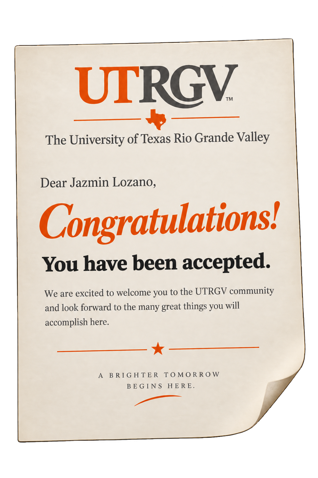 Illustrative UTRGV acceptance letter addressed to Jazmin Lozano, celebrating her acceptance to college