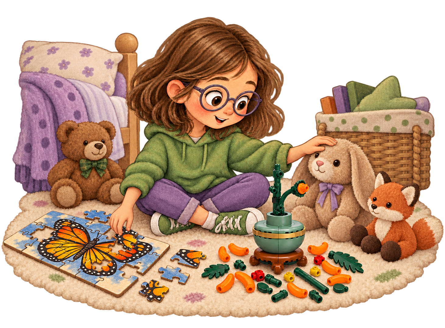 The little girl pets a stuffed rabbit with one hand while placing a butterfly puzzle piece into the puzzle with her other hand, surrounded by her bedroom activities