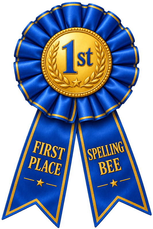 A blue and gold first place spelling bee ribbon