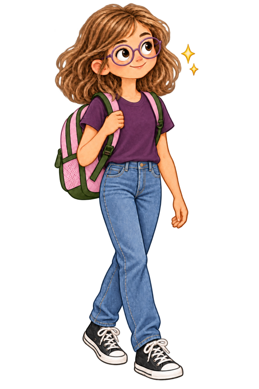 A hopeful high-school girl with a plum T-shirt, blue jeans, black Converse and a baby pink backpack with darker olive green accents