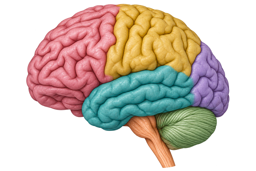 Realistic left lateral brain with pink frontal, yellow parietal, turquoise temporal and purple occipital lobes; green cerebellum and orange brainstem