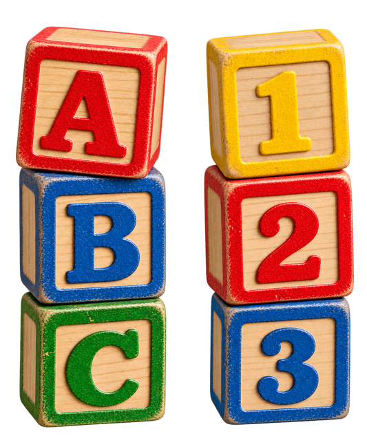 Two separate, slightly uneven vertical stacks of real wooden blocks: A B C and 1 2 3