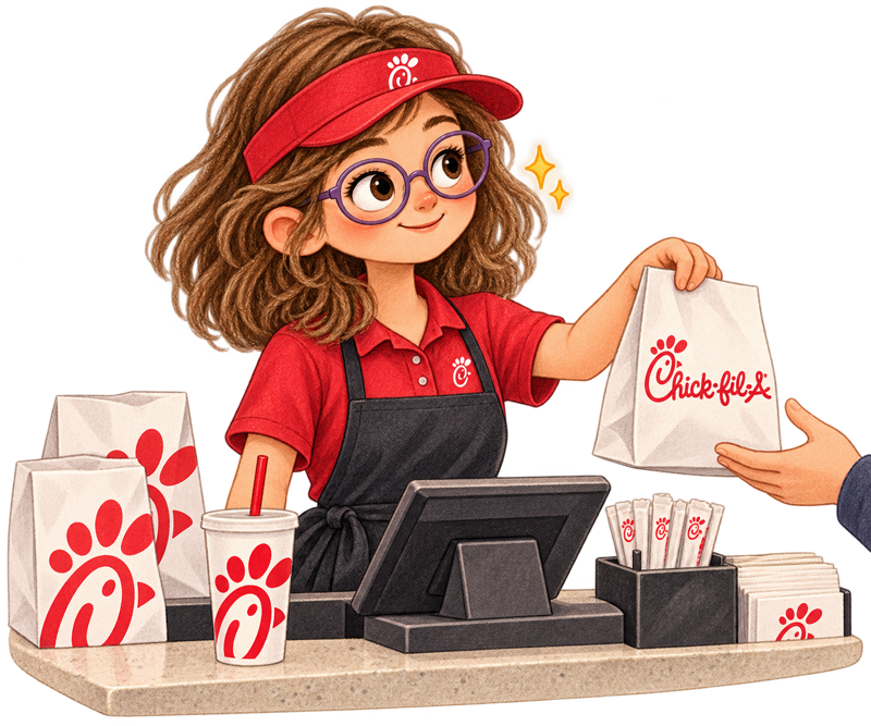 The same teenager working confidently at Chick-fil-A during a busy shift