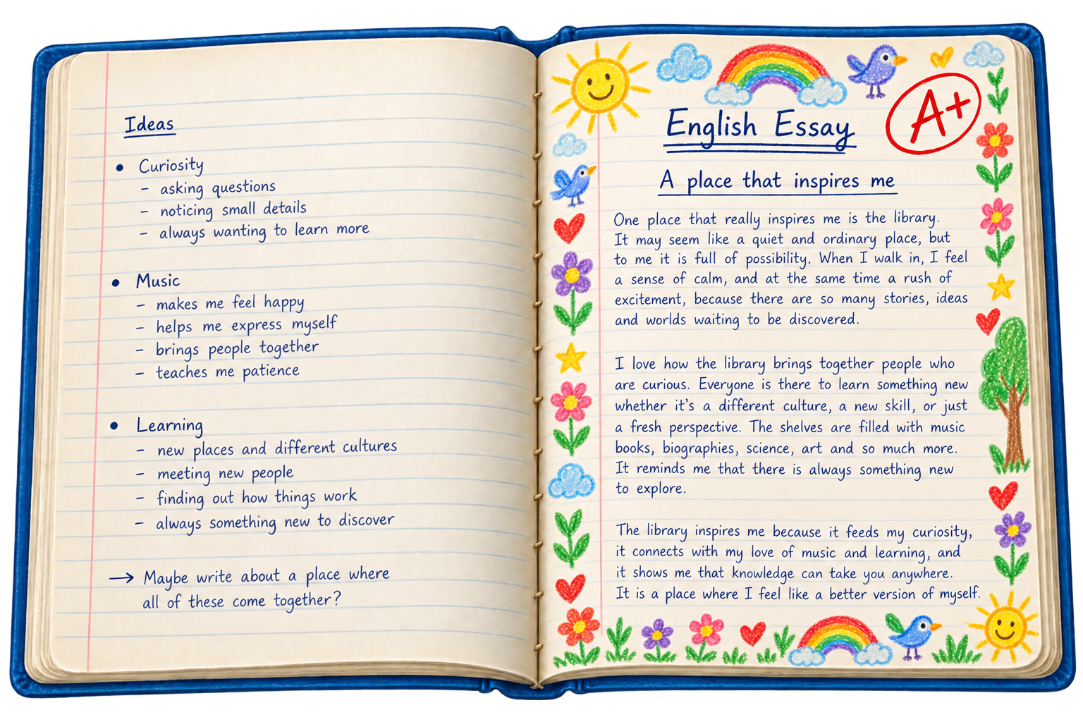 An open notebook with an English essay marked A plus